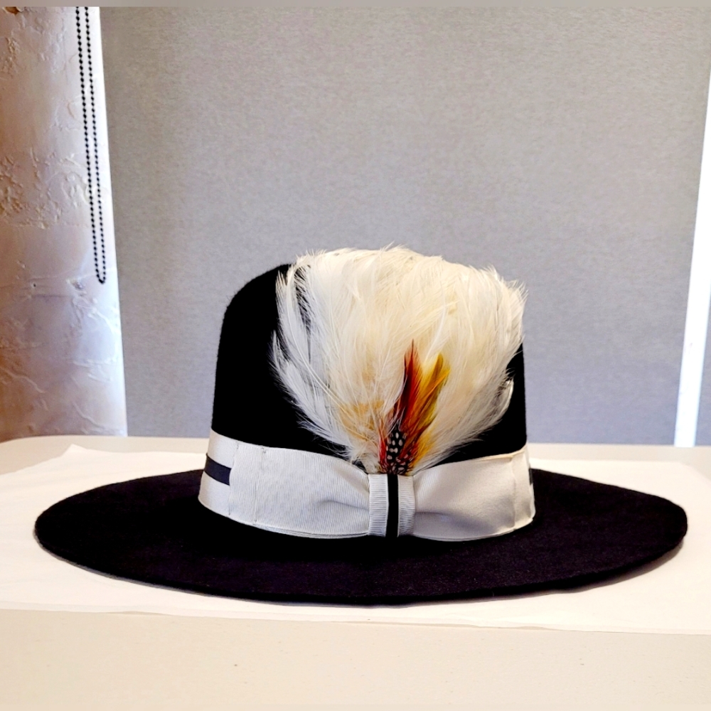 HAT, Black Beaver Felt Hat Vintage Silk Ribbon, Satin Lining, Rare Bird Feathers